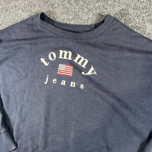 Tommy‎ Jeans Sweatshirt Mens XL Navy Blue American Flag Logo Cotton Fleece Lined